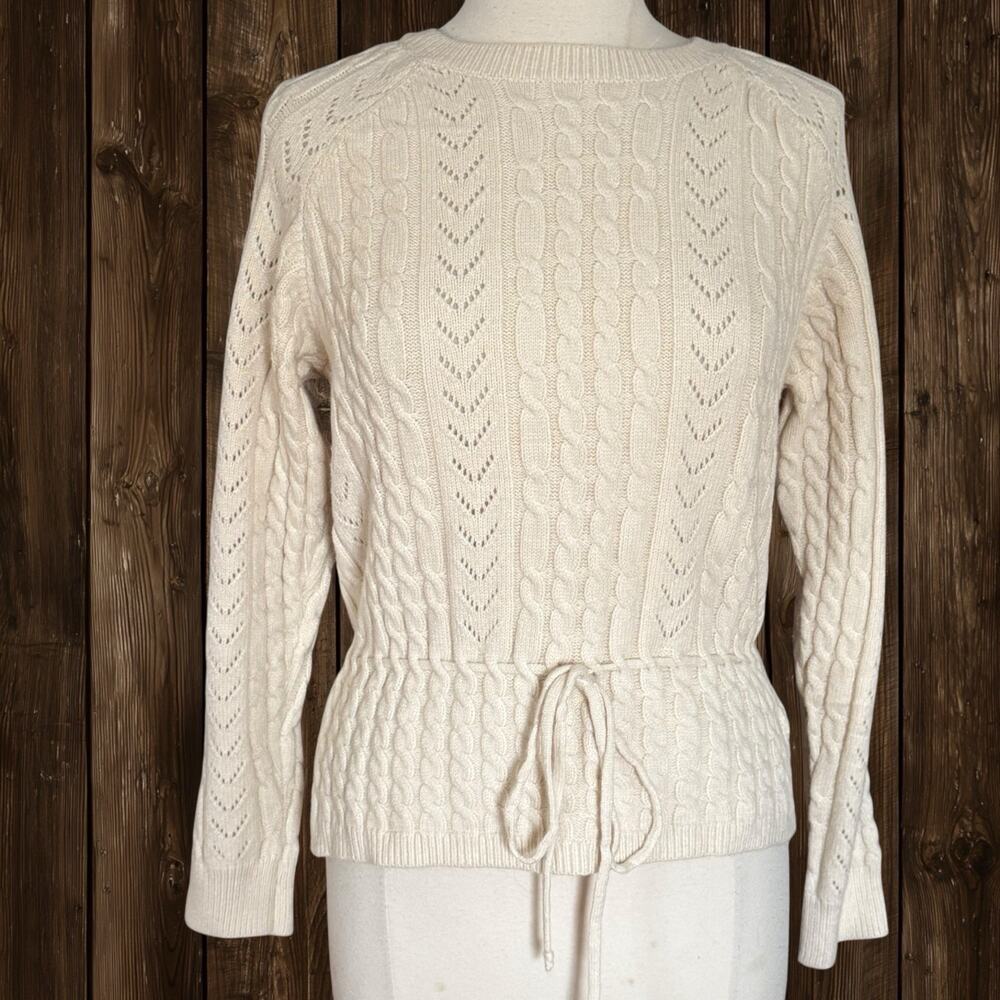Wishlist Cable Knit Sweater Sz M/L Ivory Cream Super Soft Optional Waist Tie